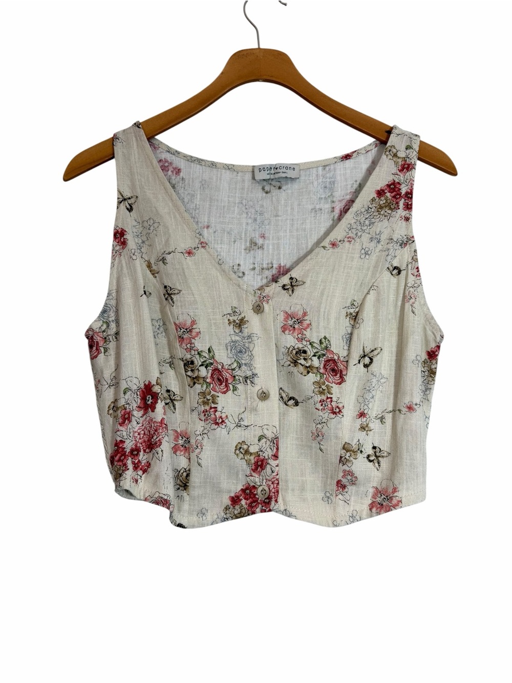 Lightweight Linen Blend Floral Button Closure Crop Tank Size S Cream NWOT